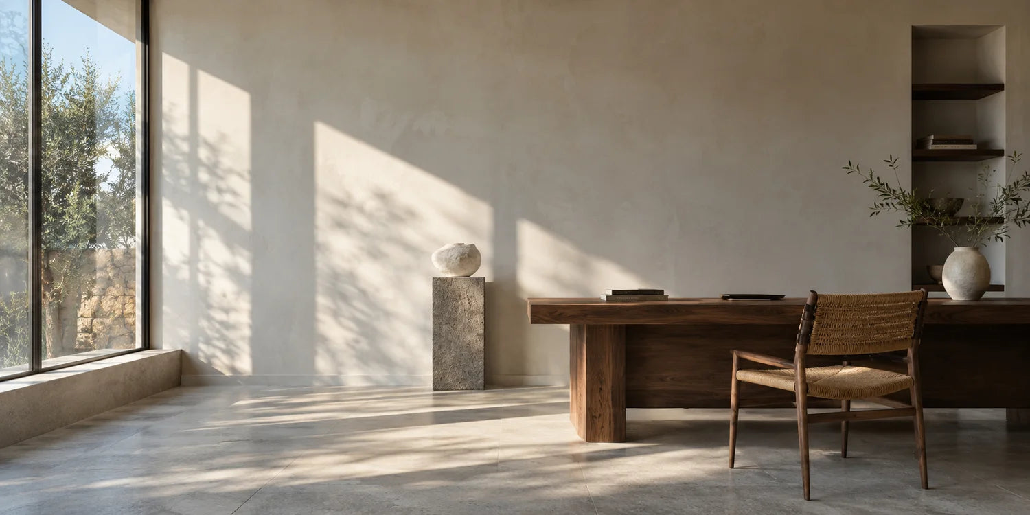 Sunlit minimalist study with a walnut desk, plaster walls and natural stone